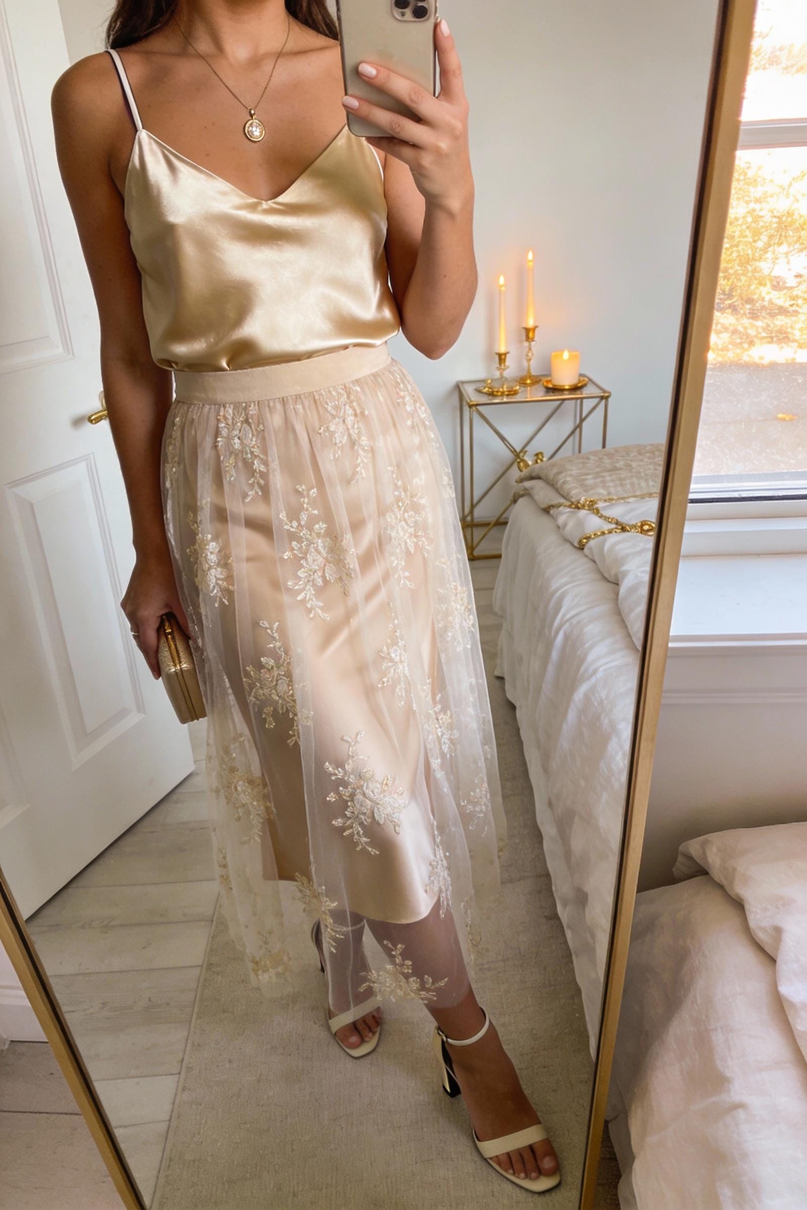 Sheer embroidered tulle skirt with silk camisole
