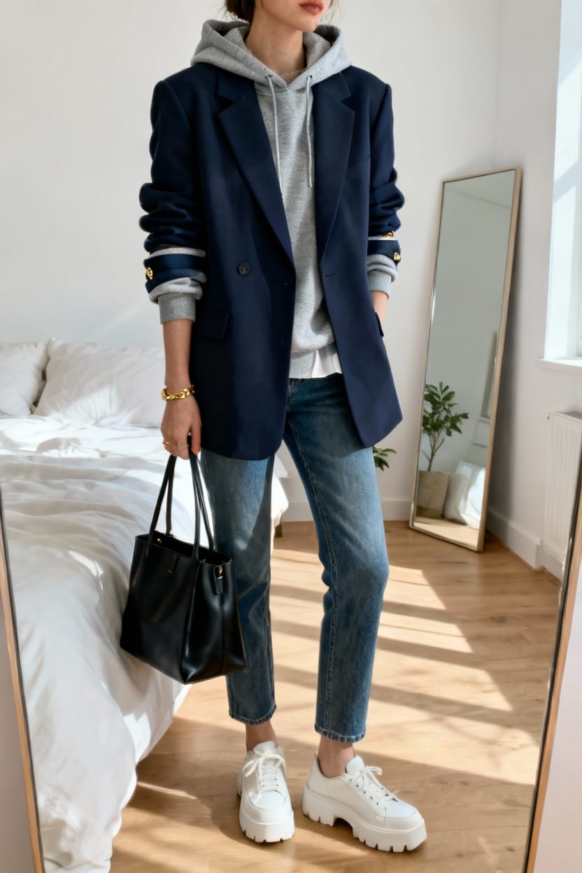 Tailored Blazer Over Cozy Hoodie