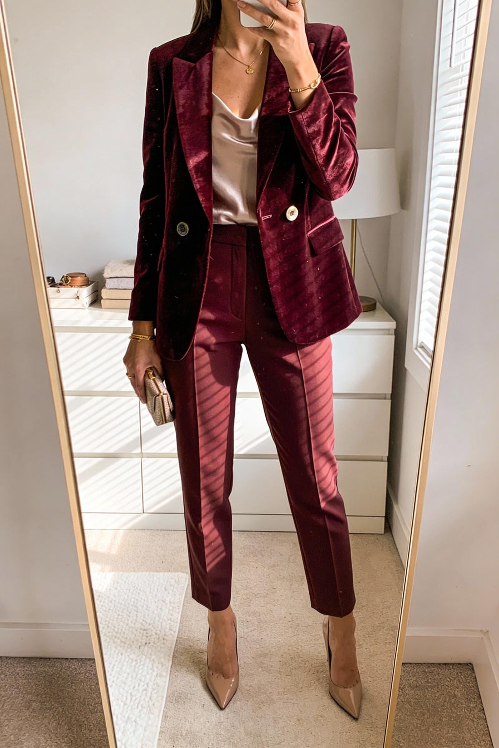 Tailored velvet blazer with cigarette pants