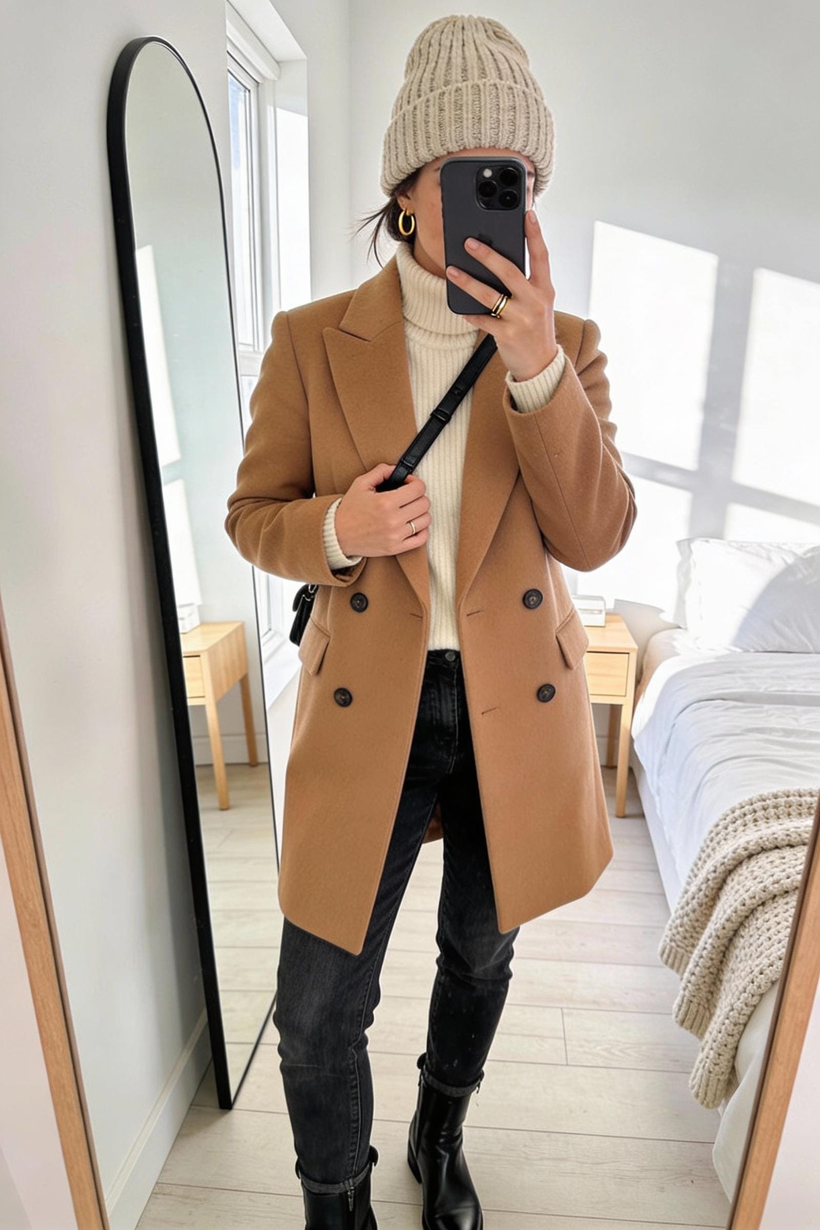 The Knit Beanie with a Tailored Coat