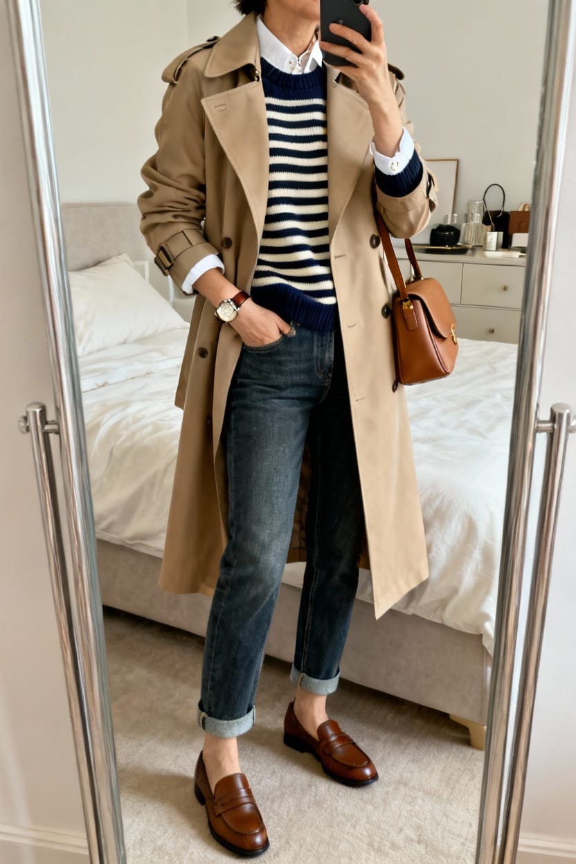 Trench Coat Over Striped Knit and Jeans