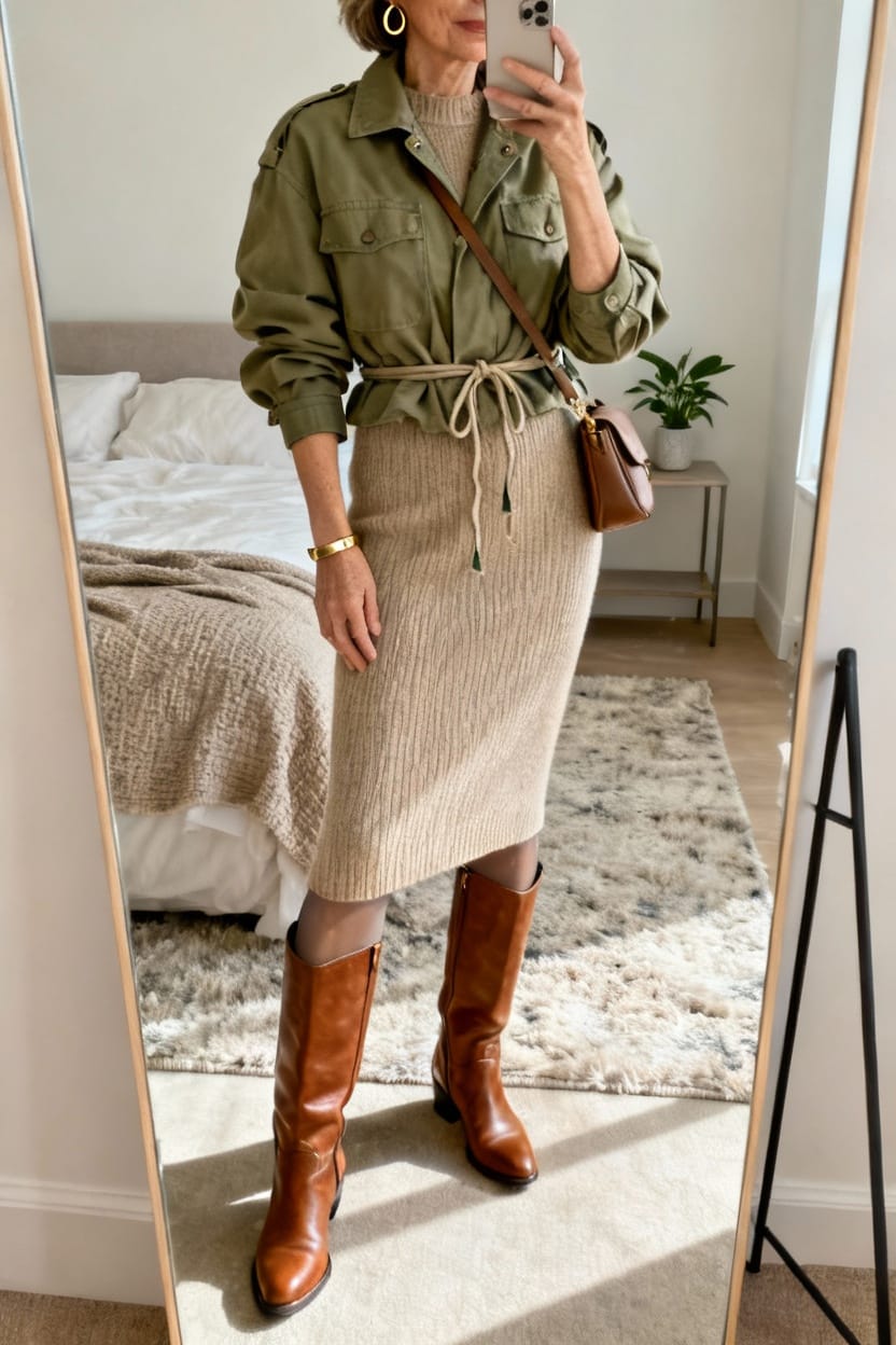 Utility Jacket With Knit Dress and Boots