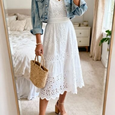 White Eyelet Midi Dress With Denim Jacket