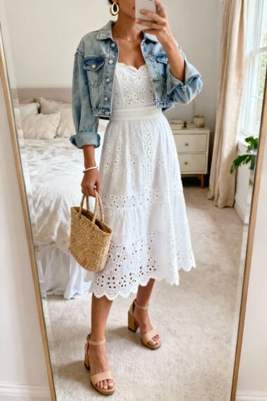 White Eyelet Midi Dress With Denim Jacket