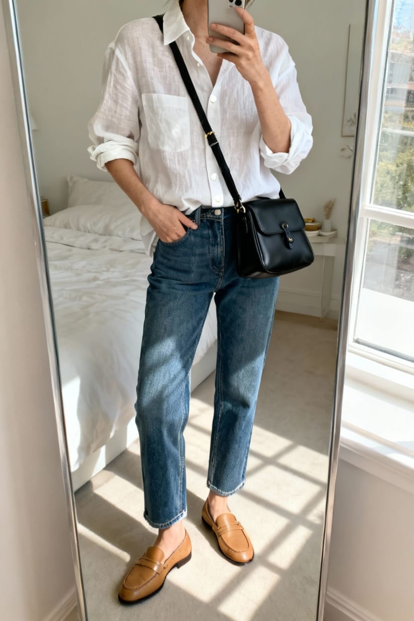 White Linen Shirt And Straight-Leg Jeans