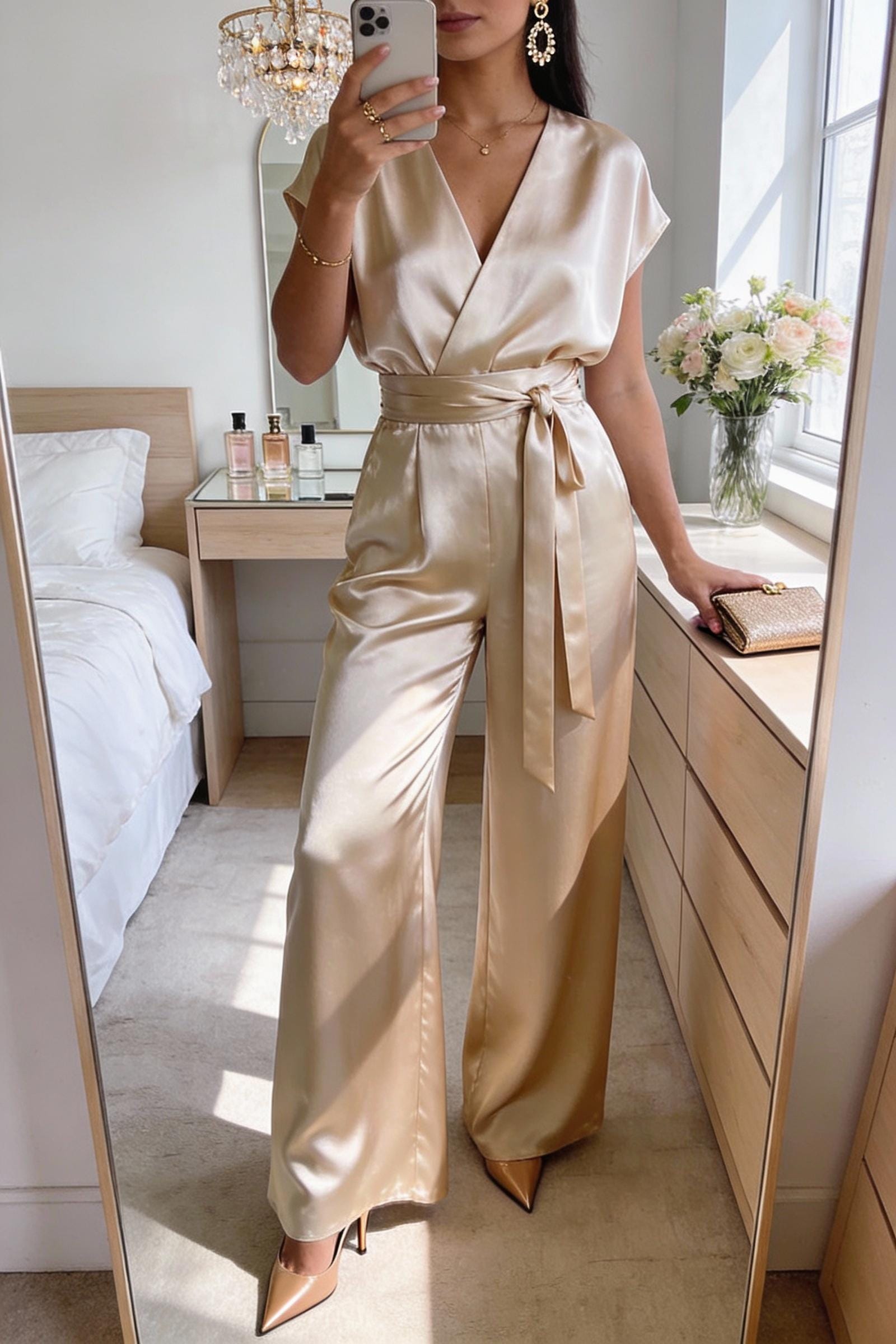 Wide-leg satin jumpsuit with cinched waist
